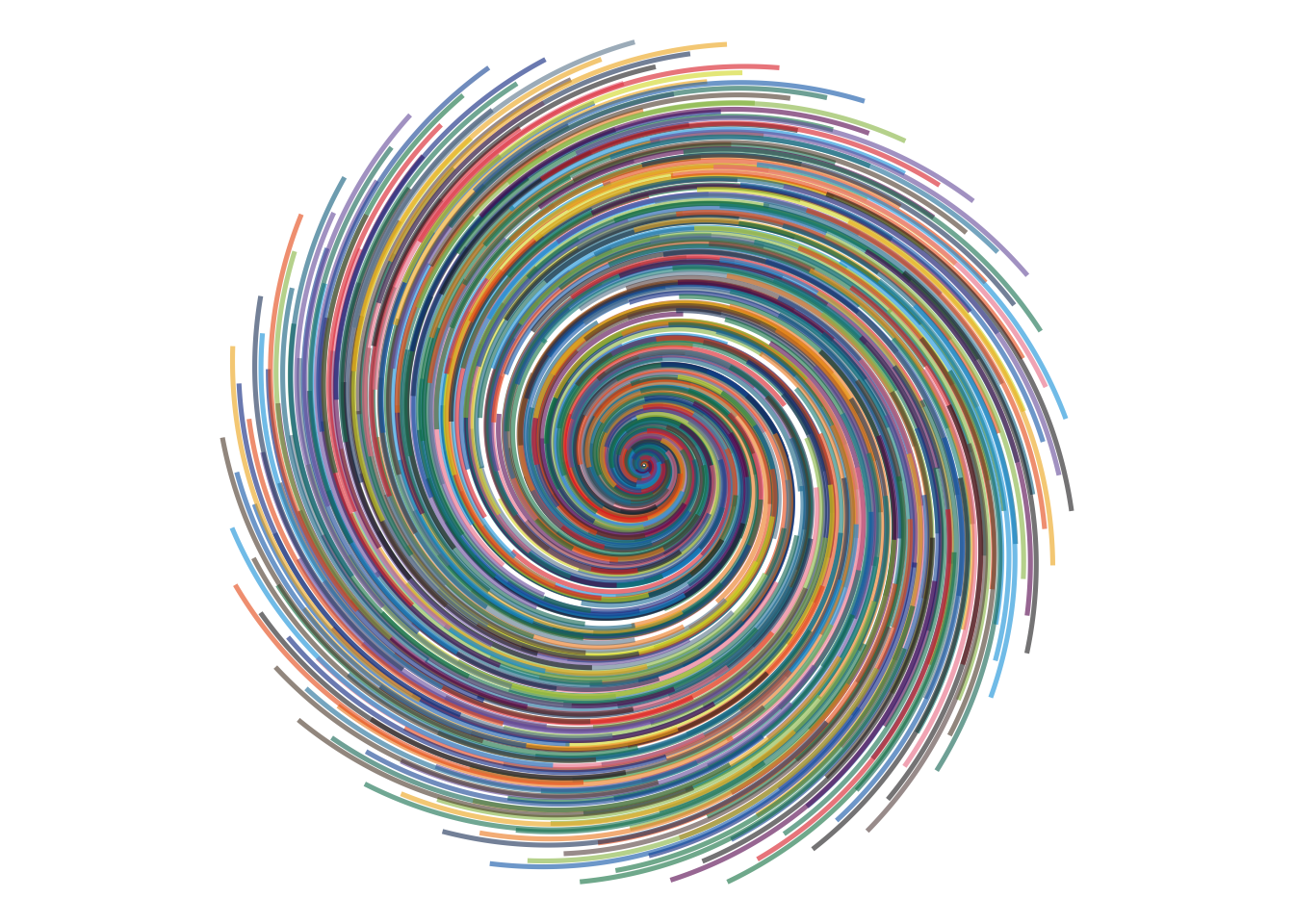 Hundreds of coloured paths beginning in a phyllotactic arrangement and curving through a spiral flow field.